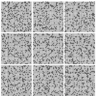 Figure 2.8 – 9 tuiles occultantes 32 × 32 de densité 1/5 (20%).