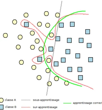 Figure 2.5 – Différents apprentissages de la séparation de 2 classes en 2 dimensions, sur un échantillon bruité.