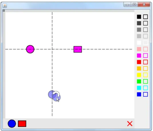 Figure 19. Exemple d’interface utilisant les guides magnétiques. Le cercle bleu déplacé par la souris  est attiré par le guide magnétique vertical à proximité