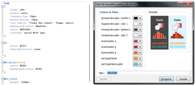 Figure 21. Exemple de feuille de style CSS (à gauche) et de style dans Word 2010 (à droite)
