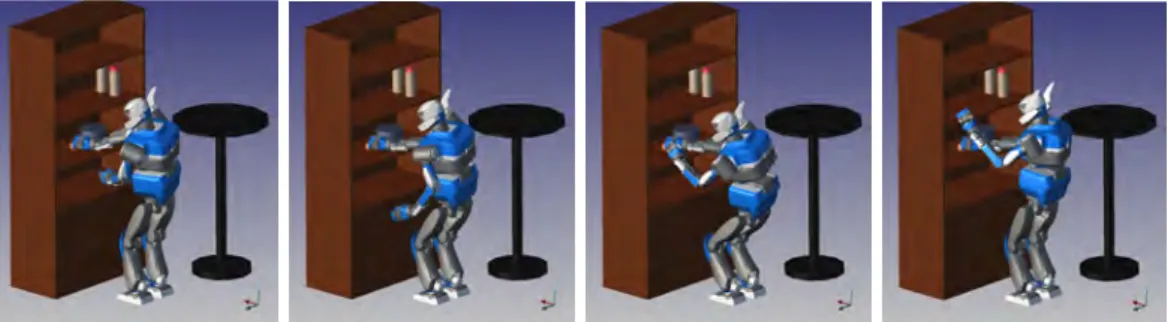 Figure 2.1: Random goal configurations solving a reaching task. All the configurations are balanced and collision-free, and the right hand of the robot reaches the orange ball.