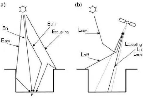 Figure 2.3 – Description des différentes composantes radiatives considérées par AMARTIS : (a) les éclairements au niveau du sol (b) les luminances au niveau du capteur