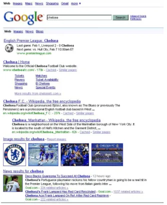 Figure 5.1: Google Universal search results on the query “Chelsea”, accessed on April 2009