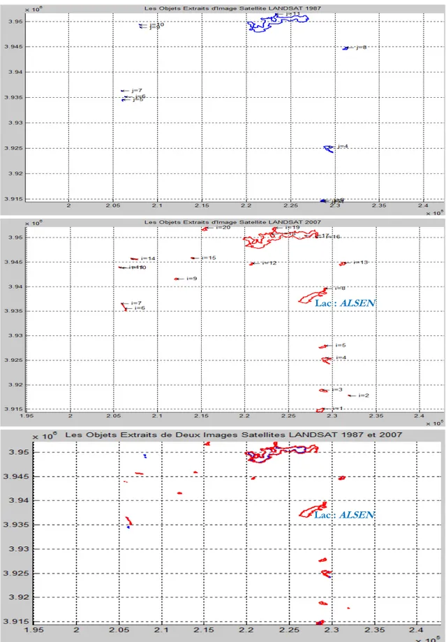 Fig.  3.19 : Objets géographiques de la classe « zones d’eau hors la Mer Méditerranée »  extraite de deux images satellites (LANDASAT1987 et LANDASAT2007) présentées en données 