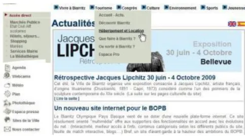Figure 3-10 : Structure des menus du site web de Biarritz. 