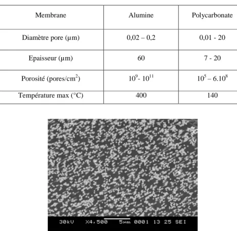 Tableau 2.2 : Comparatif des caractéristiques entre une membrane alumine et une en polycarbonate 