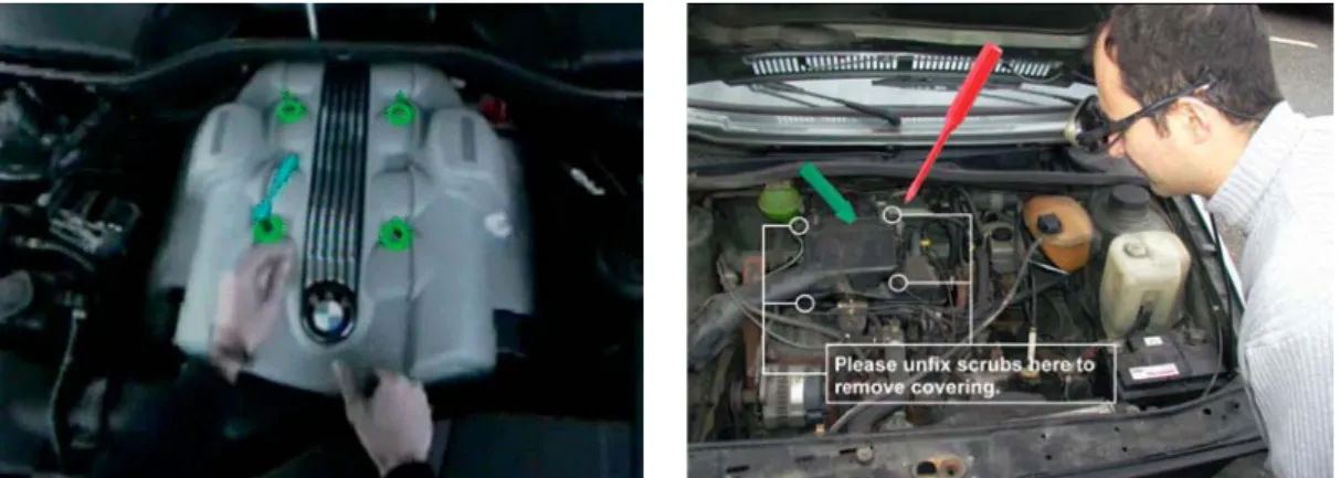 Fig. 1. Vue « augmentée » d’un système d’injection réel et des instructions de démontage  virtuelles  (d’après Dangelmaier et al., 2005) 