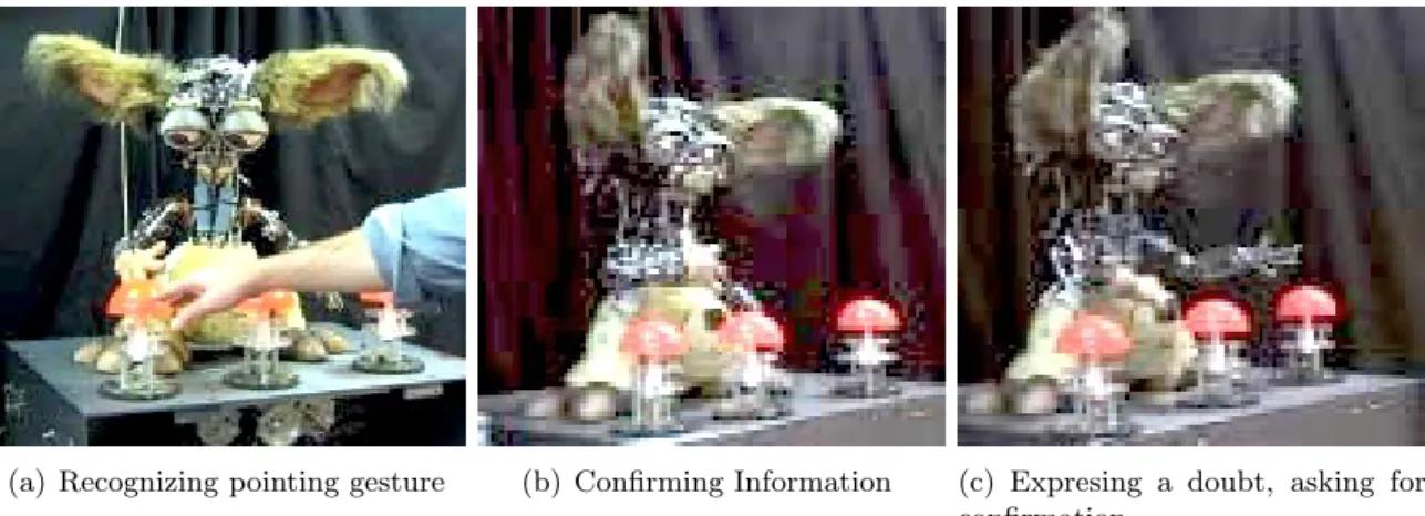 Figure 2.10: Leonardo [Brooks 04], performing a gaze and pointing while learning games from a human teacher.