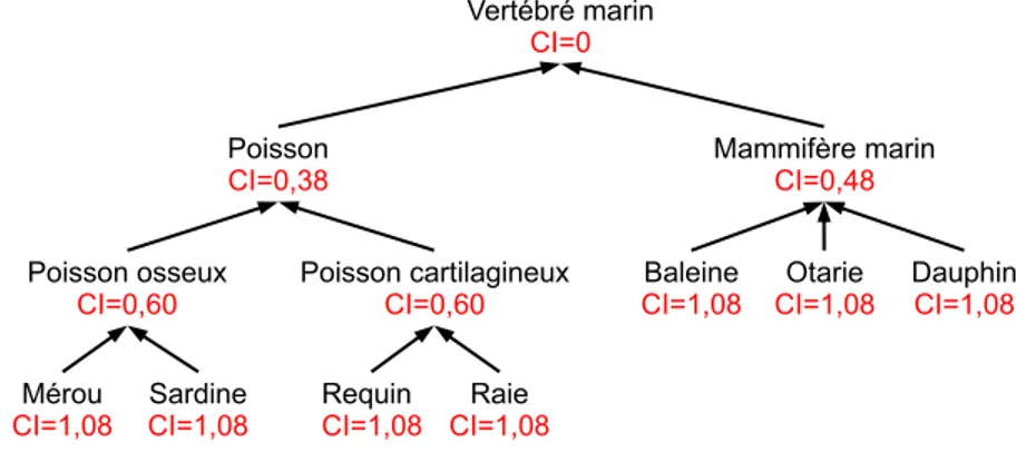 Figure 2.5 — Valeur du Contenu d’Information pour la taxonomie partielle des vertébrés marins