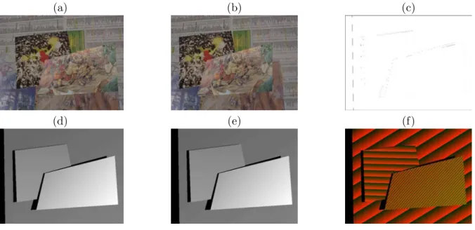 Fig. 2.9 – V´erit´e terrain th´eorique et v´erit´e terrain calcul´ee pour un couple d’images de synth`ese – Les cartes de disparit´es entre l’image gauche (a) et l’image droite (b) du couple (( journaux )), celle que nous avons fournie (d) et celle que nou