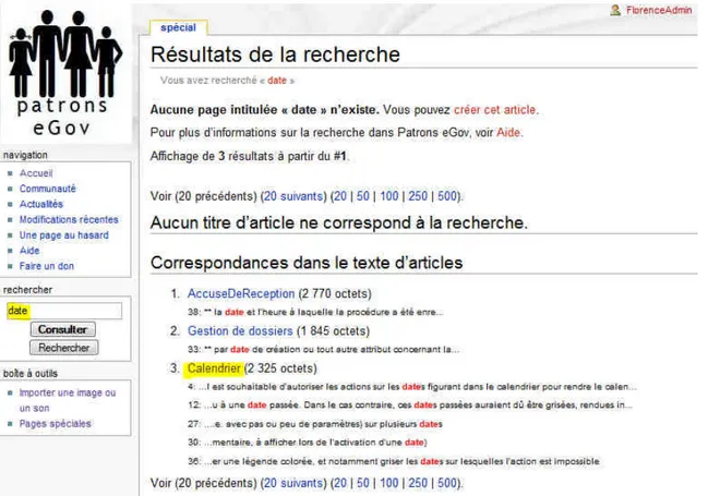 Figure 39. Résultat de la recherche du mot clé « date » sur le catalogue de patrons  (capture d'écran réalisée le 22 mai 2008) 