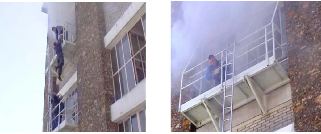 Figure 10: Left: Fireman on the lower balcony proceeds to climb the ladder to reach  the victims (one of which is being suspended over the balcony) on the second floor