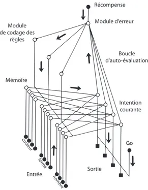 Fig. 1.23 – Architecture simplifiée d’un modèle neuronal pouvant passer le WCST. Adapté de De- De-haene et Changeux (1991)