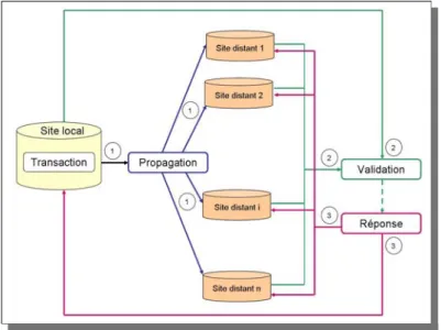 Fig. 2.14 – Propagation synchrone des transactions dans un SGBD r´ eparti La propagation asynchrone (cf