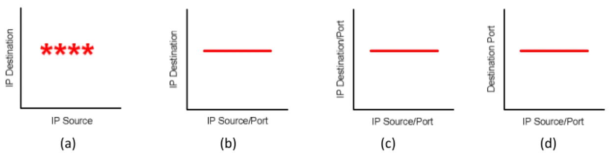 Figure 3.6: Signature for a DDoS anomaly of type: n IP source addresses x n IP source ports → 1 IP destination  address x 1 IP destination port