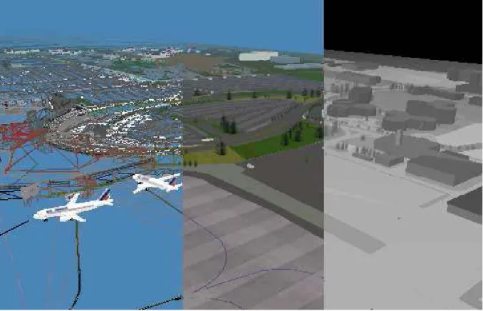 Figure 2. Visualisation vectorielle, visible et infrarouge d’une partie de l’a´ eroport de Blagnac qui donne un aper¸ cu de la complexit´ e g´ eom´ etrique de la sc` ene, repr´ esentation dans le domaine visible et enfin une repr´ esentation en infrarouge.
