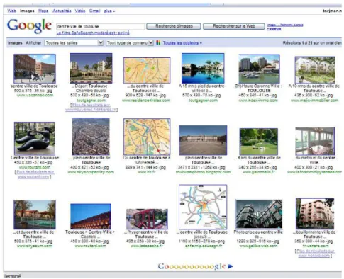 Figure 3.4 – Premi`ere page de r´esultats pour la requˆete ”centre ville de Tou- Tou-louse” par Google