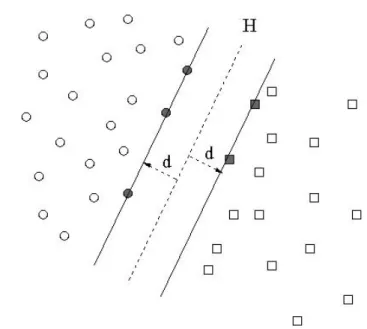Fig. 2.6 – Sch´ ema explicatif de la m´ ethode SVM. H est l’hyperplan s´ eparateur. Les vecteurs support sont gris´ es.