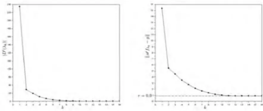 Fig. 3: Evolution of |D 0 (λ k )| and the residual kA f λ k − gk in function of itera- itera-tions k for τ = 0.9 which satisfies Condition (5)