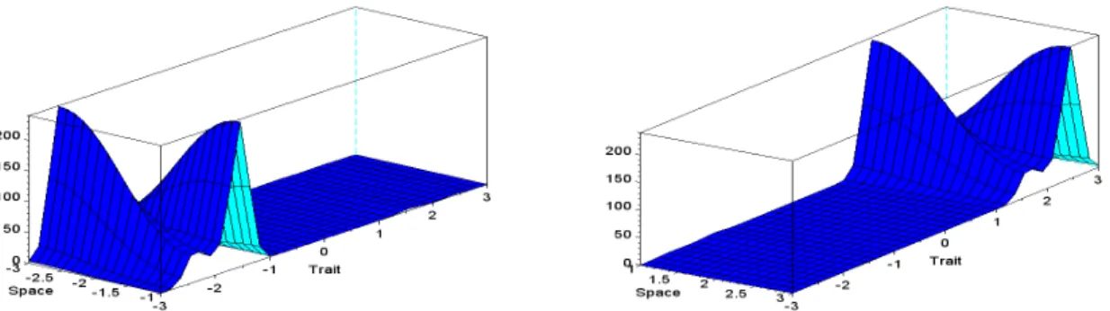 Figure 5.3 – Numerical resolution of (E) with the following set of parameters r = 10, b = 1, g = 10, A = 3, ε = 0.005 and Ω =] − 3, −1[∪]1, 3[.