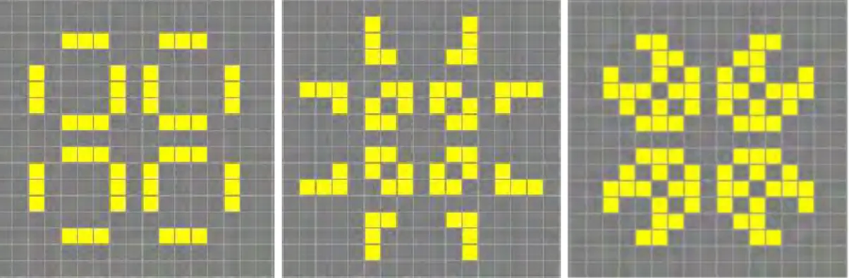 Figure 2: From left to right, a 3-stage loop for Conway’s Game of Life. Screenshots from https://bitstorm.org/gameoflife/