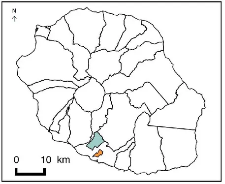 Figure n°4 : Situation géographique du quartier de Basse Terre – Joli Fond (en orange) et du  quartier de la Ravine des Cabris (en bleu) sur la commune de Saint-Pierre à l’Ile de la Réunion 