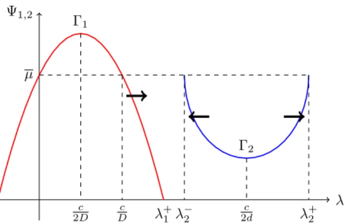 Figure 3.1: representation of Γ 1 and Γ 2 , behaviours as c increases