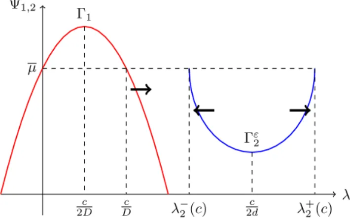 Figure 2.1: representation of Γ 1 and Γ ε 2 , behaviours as c increases