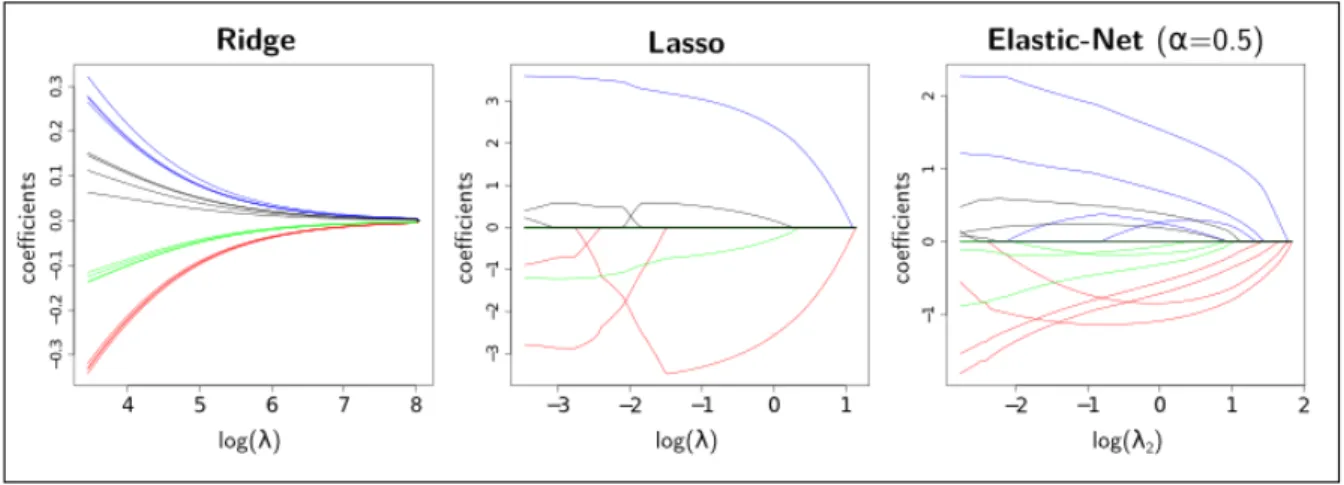 Figure 1.5 – Représentation de la trajectoire des coefficients estimés par régression Ridge, Lasso et