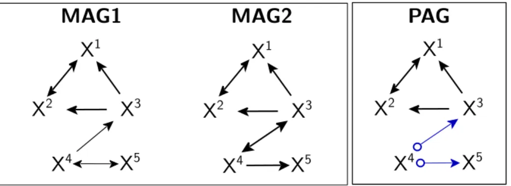 Figure 2.8 – Représentation de deux MAG équivalents au sens de Markov (MAG1 et MAG2) et du