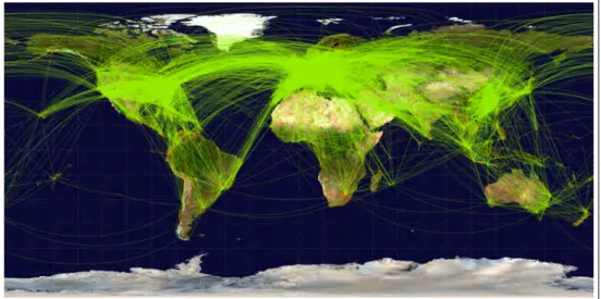 Figure 2 – Représentation des principales circulations aériennes civiles, réalisée par un collectif d’élèves ingénieurs suisses [ 154 ], proposant une visualisation du trafic aérien civil mondial sur une durée de 24h.