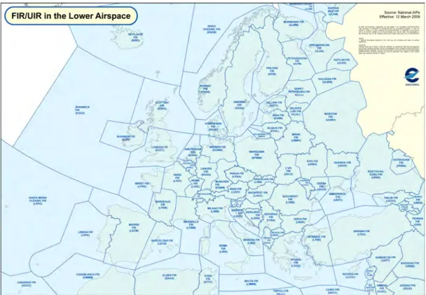 Figure 1.2: FIR over Europe depicted by blue lines. Credits: &#34;Eurocontrol FIR and UIR in the lower airspace - 12 March 2009&#34; by Eurocontrol