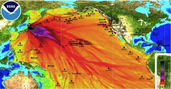 Figure 1.4: ´ El´evation maximale de la surface de l’oc´ean Pacifique (cm) - Le 11 Mars 2011.