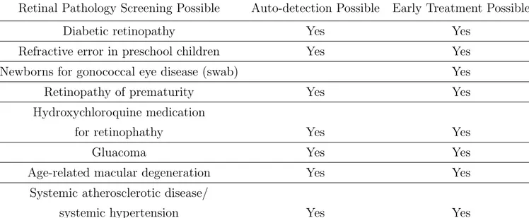 Table 3.1: List of Pathologies that Affect the Retina and the Possibility of Auto- Auto-mated Detection Leading to Early Treatment