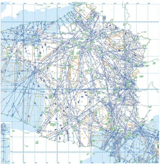 Figure 1.1 – La carte des routes aériennes supérieures au-dessus de la France. ©SIA