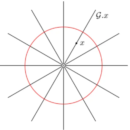 Figure I.5: Action des homothéties dans le plan. Les orbites sont les demi-droites issues de l’origine (en noir) et une section est donnée par le cercle unité (en rouge).