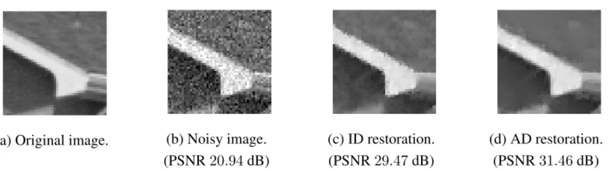Figure 1.9.: Parts of House image (from left to right): original image, noisy image, ID and AD