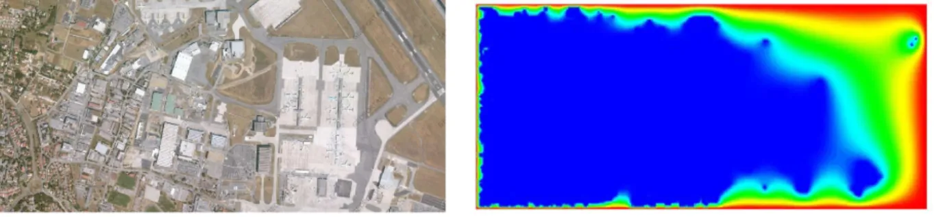 Fig. 5 – Simulation de la diffusion d’un polluant dans une zone urbaine r´ eelle. — A gauche : la photo de l’a´ eroport