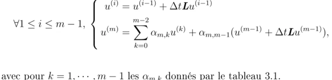 Tab. 3.1: Coecients du schéma Runge-Kutta optimal selon son ordre. Ordre m α m,0 α m,1 α m,2 α m,3 α m,4 α m,5 α m,6 α m,7 1 1 2 1 2 12 3 1 3 12 16 4 3 8 13 14 1 24 5 11 30 38 16 1 12 1 120 6 53 144 1130 3 16 1 189 1 48 1 720 7 103 280 53 144 1160 3 48 1 72 1 240 1 5040 8 2119 5760 103280 53 288 11 180 1 64 1 360 1 1440 1 40320