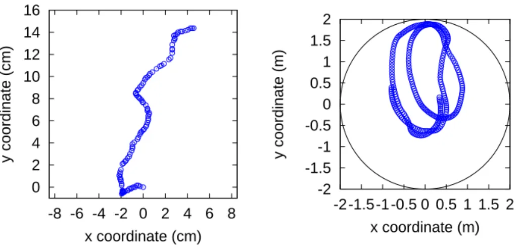 Figure 4: Deux exemples de trajectoires individuelles avec à gauche le déplacement d’une fourmi (genre messor) et à droite le déplacement d’un poisson (espèce Kuhlia mugil)