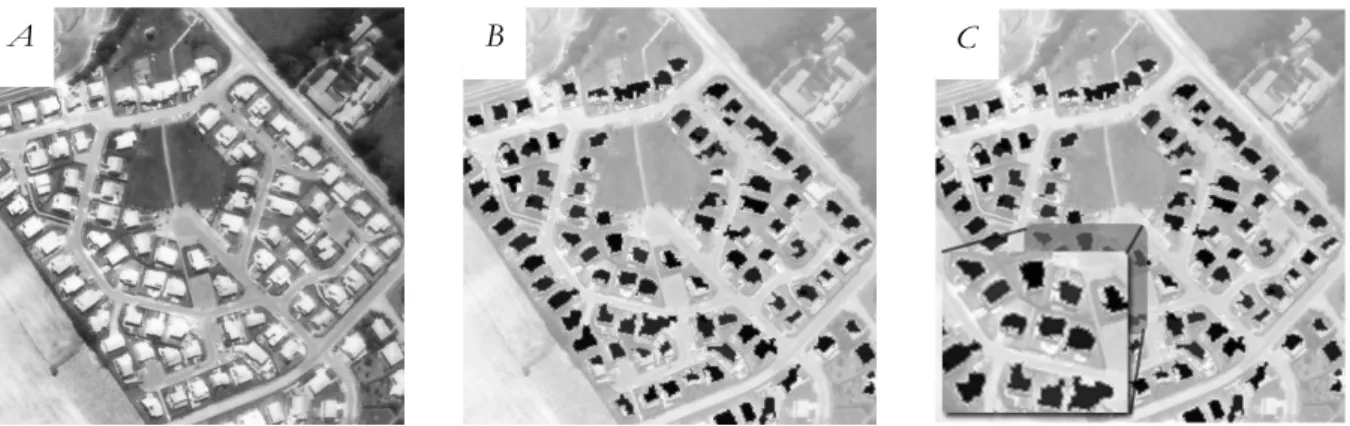 Figure III. 13. A) Image originale B) Image après le traitement C) Sous-image sélectionnée 