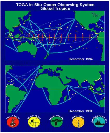 Fig. 1.2  Réseau d'observations oéaniques in situ du programme TOGA en déembre 1994.