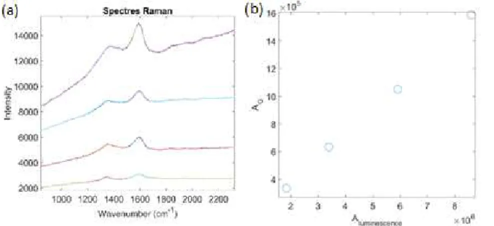 Figure  17  :  (a) Spectres  élargis  de  la  figure  8b  non  normalisés.  (b)  Evolution  de  l’aire  de  la  bande  G en  fonction de l’aire du plafond de luminescence soustrait de la bande D et G