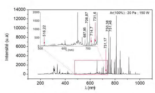 Figure 3.9 – Exemple d’un spectre d’émission mesuré dans un plasma d’argon généré à 20 Pa, 150 W.