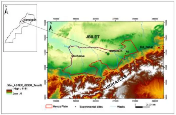 Figure III. 1. Geographical situation of the Tensift watershed, its hydrographic network as well as the 