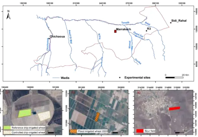Figure III. 2. Location of the four study sites: (a) flood-irrigated wheat crop in the R3 zone (east of 