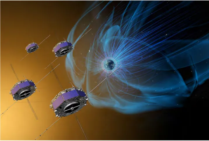 Figure 1 – Artist concept of the Magnetospheric Multiscale (MMS) mission to study magnetic reconnection