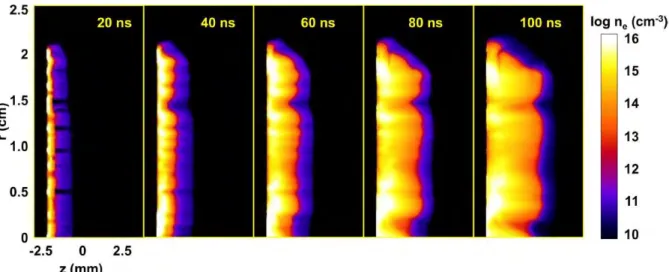 Figure 1-23 – Simulation avec le code PIC-LSP de l’évolution de la couche d’hydrogène  ionisée, à différents instants [44]