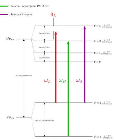 Figure 1.3 – Structure du Rubidium 87. Les transitions laser qui sont utilisées pendant le