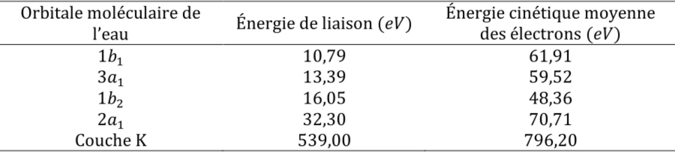 Tableau 2.4. Orbitales moléculaires de l’eau liquide avec leurs énergies de liaison et les énergies  cinétiques moyennes des électrons dans CPA100